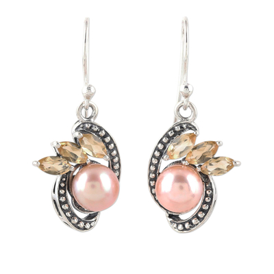 Cultured pearl and citrine dangle earrings, 'Eternal Essence in Peach' - Peach Cultured Pearl and Citrine Dangle Earrings from India