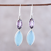 Amethyst and chalcedony dangle earrings, 'Luxurious Glow' - Sterling Silver Blue Chalcedony Amethyst Dangle Earrings