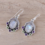 Multi-gemstone dangle earrings, 'Leaves of Glamour' - Rainbow Moonstone Peridot and Amethyst Dangle Earrings