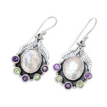 Multi-gemstone dangle earrings, 'Leaves of Glamour' - Rainbow Moonstone Peridot and Amethyst Dangle Earrings