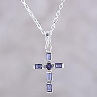 Iolite pendant necklace, 'Kolkata Cross'