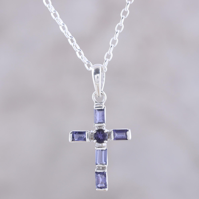 Iolite pendant necklace, 'Kolkata Cross' - Iolite and Sterling Silver Cross Pendant Necklace from India