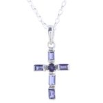 Iolite pendant necklace, 'Kolkata Cross' - Iolite and Sterling Silver Cross Pendant Necklace from India