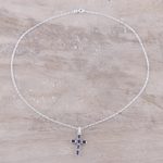 Iolite pendant necklace, 'Kolkata Cross' - Iolite and Sterling Silver Cross Pendant Necklace from India