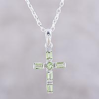 Sterling Silver and Peridot Cross Pendant Necklace,'Kolkata Cross'