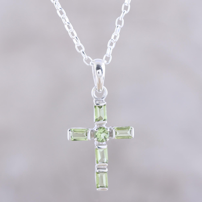 Peridot pendant necklace, 'Kolkata Cross' - Sterling Silver and Peridot Cross Pendant Necklace
