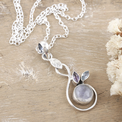 Multi-gemstone pendant necklace, 'Spring Beauty' - Rainbow Moonstone Blue Topaz Amethyst Pendant Necklace
