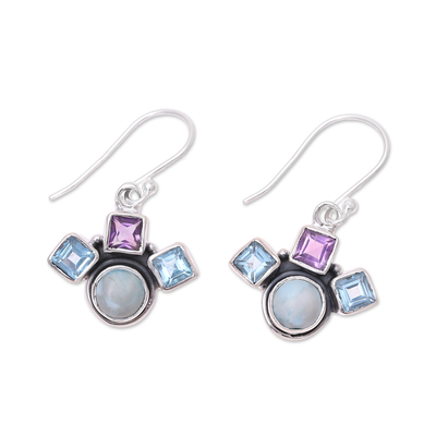 Multi-gemstone dangle earrings, 'Delightful Glow' - Blue Topaz Amethyst and Larimar Silver Dangle Earrings