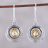 Citrine dangle earrings, 'Lemon Orbs' - Sterling Silver and Yellow Citrine Round Dangle Earrings