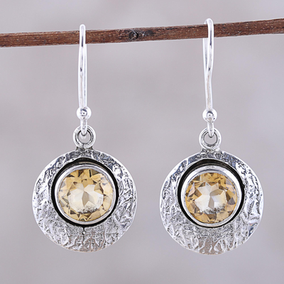 Citrine dangle earrings, 'Lemon Orbs' - Sterling Silver and Yellow Citrine Round Dangle Earrings