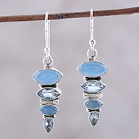 Blue topaz and chalcedony dangle earrings, 'Falling Stars' - Blue Topaz and Chalcedony Sterling Silver Dangle Earrings