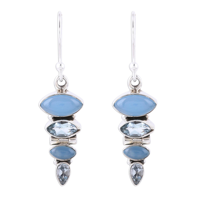 Blue topaz and chalcedony dangle earrings, 'Falling Stars' - Blue Topaz and Chalcedony Sterling Silver Dangle Earrings