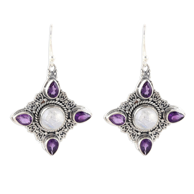 Rainbow moonstone and amethyst dangle earrings, 'Eternal Delight' - Rainbow Moonstone Amethyst Sterling Silver Dangle Earrings