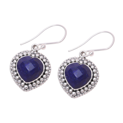 Lapis lazuli dangle earrings, 'Fervent Love' - Blue Lapis Lazuli and Sterling Silver Heart Dangle Earrings