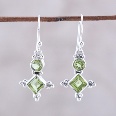 Peridot dangle earrings, 'Opulent Stars' - Sterling Silver and Green Peridot Star Dangle Earrings
