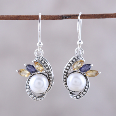 Pendientes colgantes con múltiples piedras preciosas - Pendientes colgantes de plata con perlas cultivadas, citrino y iolita