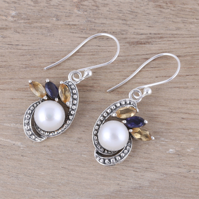 Multi-gemstone dangle earrings, 'Eternal Essence in White' - Silver Cultured Pearl Citrine and Iolite Dangle Earrings