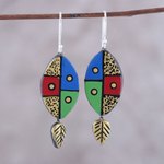Ceramic dangle earrings, 'Blissful Colors' - Leaf-Themed Ceramic Dangle Earrings Crafted in India