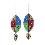 Ceramic dangle earrings, 'Blissful Colors' - Leaf-Themed Ceramic Dangle Earrings Crafted in India