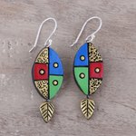 Ceramic dangle earrings, 'Blissful Colors' - Leaf-Themed Ceramic Dangle Earrings Crafted in India