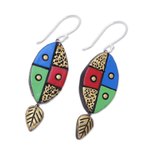 Ceramic dangle earrings, 'Blissful Colors' - Leaf-Themed Ceramic Dangle Earrings Crafted in India