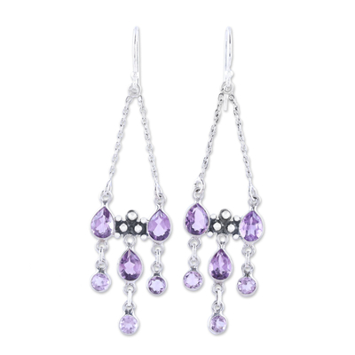 Amethyst chandelier earrings, 'Glittering Dance' - Sterling Silver and Purple Amethyst Chandelier Earrings