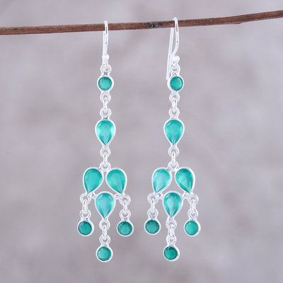 Onyx chandelier earrings, 'Leafy Adornment' - Sterling Silver and Green Onyx Chandelier Earrings