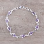Amethyst link bracelet, 'Teardrop Tendrils' - Sterling Silver and Purple Faceted Amethyst Link Bracelet