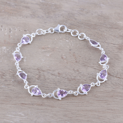 Amethyst link bracelet, 'Teardrop Tendrils' - Sterling Silver and Purple Faceted Amethyst Link Bracelet