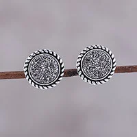 Pendientes Drusy, 'Round Grey' - Pendientes redondos Drusy de plata de ley y gris