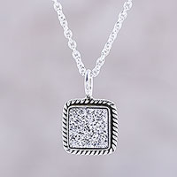 Druzy pendant necklace, 'White Sparkle' - Sterling Silver White Druzy Square Pendant Necklace