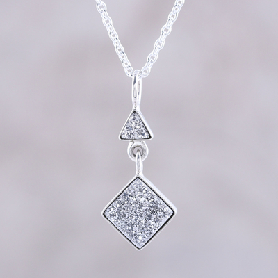 Drusy pendant necklace, 'Sparkling Harmony' - Sterling Silver Geometric Drusy Quartz Pendant Necklace