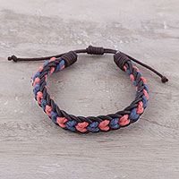 Men's leather and cotton braided bracelet, 'Celebration Braid' - Men's Blue and Coral Cotton and Leather Braided Bracelet