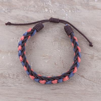 Men's leather and cotton braided bracelet, 'Celebration Braid' - Men's Blue and Coral Cotton and Leather Braided Bracelet