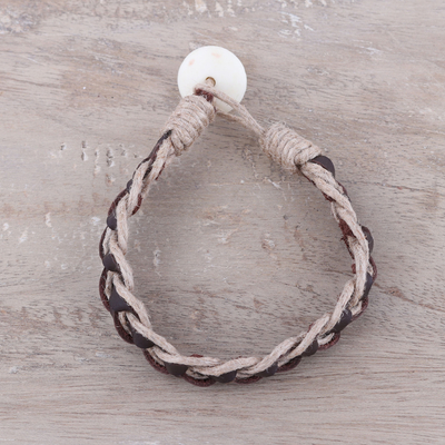 Geflochtenes Herrenarmband aus Leder - Braunes geflochtenes Lederarmband aus Kokosnussfaser, Baumwolle und Knochen