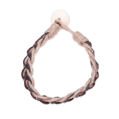 Men's leather braided bracelet, 'Earthy Combo' - Brown Leather Coconut Fiber Cotton and Bone Braided Bracelet