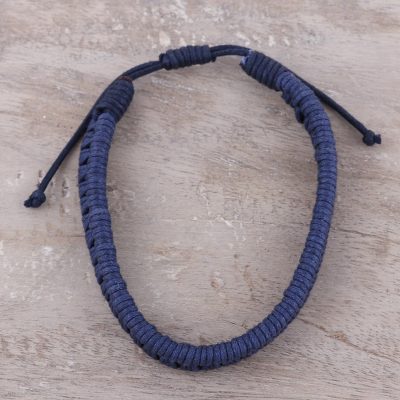 Men S Handcrafted Leather And Cotton Blue Wristband Bracelet