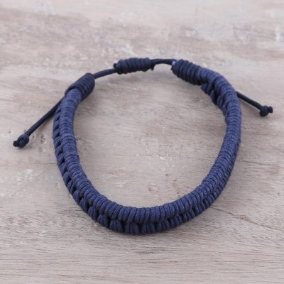 Men S Handcrafted Leather And Cotton Blue Wristband Bracelet