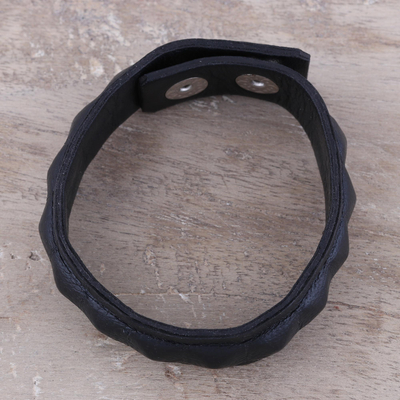 Men's leather wristband bracelet, 'Dark Style' - Handcrafted Men's Black Leather Edgy Wristband Bracelet