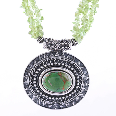 Peridot beaded pendant necklace, 'Gleaming Glamour' - Peridot and Composite Turquoise Beaded Pendant Necklace
