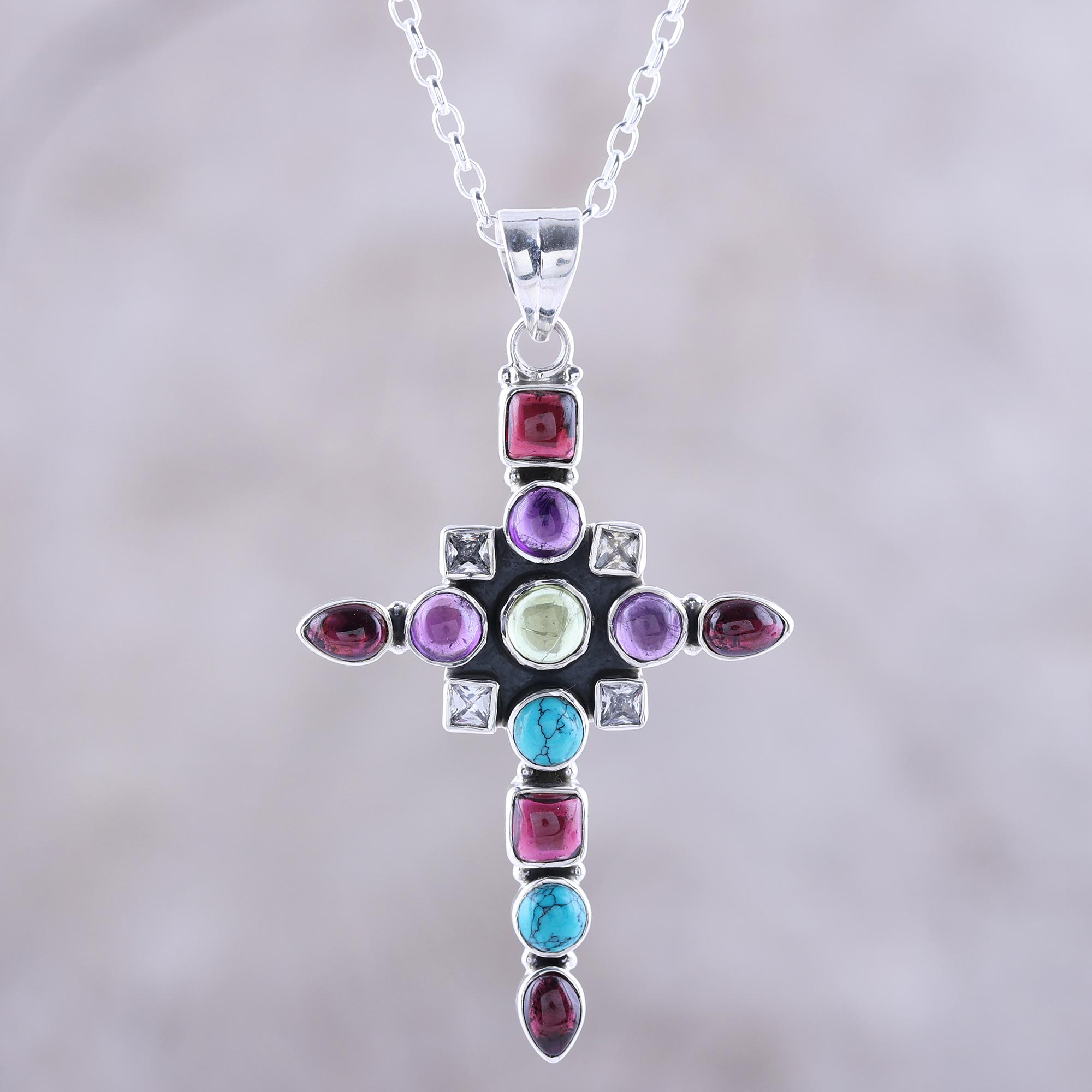 Multi-Gemstone Cross Pendant Necklace from India - Faithful Fusion | NOVICA