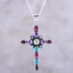 Multi-gemstone pendant necklace, 'Faithful Fusion' - Multi-Gemstone Cross Pendant Necklace from India