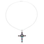Multi-gemstone pendant necklace, 'Faithful Fusion' - Multi-Gemstone Cross Pendant Necklace from India