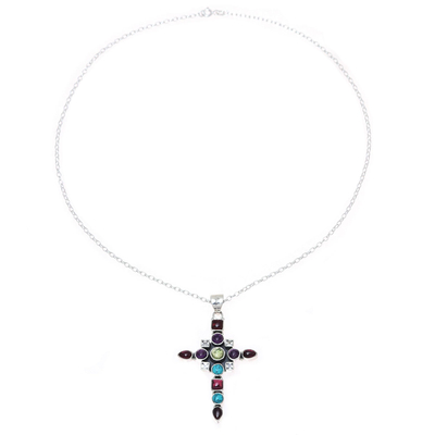 Multi-gemstone pendant necklace, 'Faithful Fusion' - Multi-Gemstone Cross Pendant Necklace from India