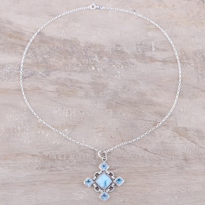 Larimar and blue topaz pendant necklace, 'Dazzling Sky' - Larimar and Faceted Blue Topaz Pendant Necklace from India