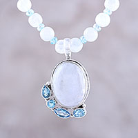 Rainbow moonstone and blue topaz beaded pendant necklace, 'Everlasting Glow' - Rainbow Moonstone and Blue Topaz Beaded Pendant Necklace