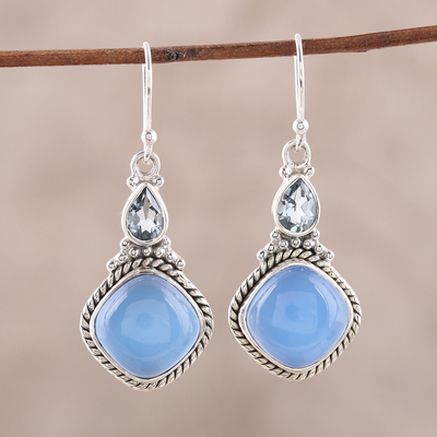 Blue topaz and chalcedony dangle earrings, 'Blissful Blue' - Sterling Silver Blue Topaz and Chalcedony Dangle Earrings
