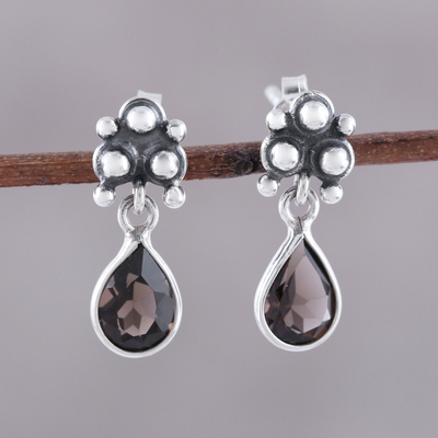 Smoky quartz dangle earrings, 'Trinity Glitter' - Sterling Silver and Smoky Quartz Dotted Dangle Earrings