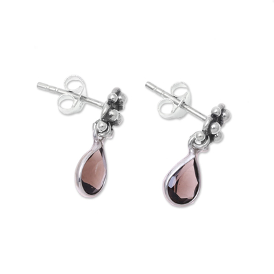 Smoky quartz dangle earrings, 'Trinity Glitter' - Sterling Silver and Smoky Quartz Dotted Dangle Earrings