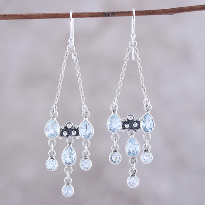 Blue topaz chandelier earrings, 'Glittering Dance' - Sterling Silver and Blue Topaz Dotted Chandelier Earrings